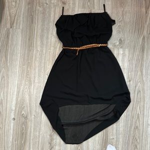 Sheer high low black dress with brown belt and ruffle